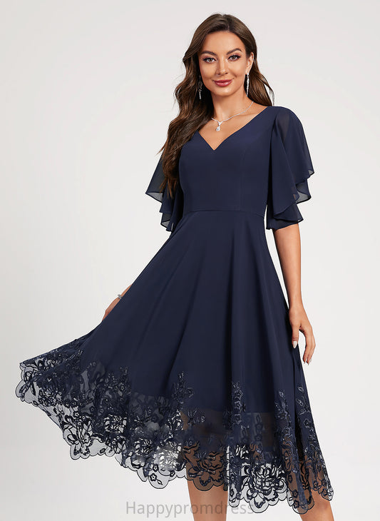 Sequined Tea-Length With V-neck Sequins Lace Yasmin Lace A-Line Dress Cocktail Dresses Cocktail