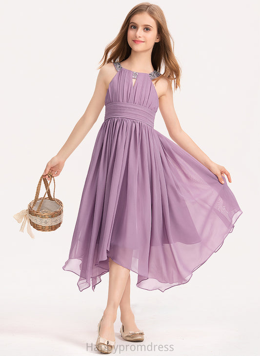 Tea-Length Chiffon With Beading Carolina Neck Ruffle Junior Bridesmaid Dresses A-Line Scoop Bow(s)