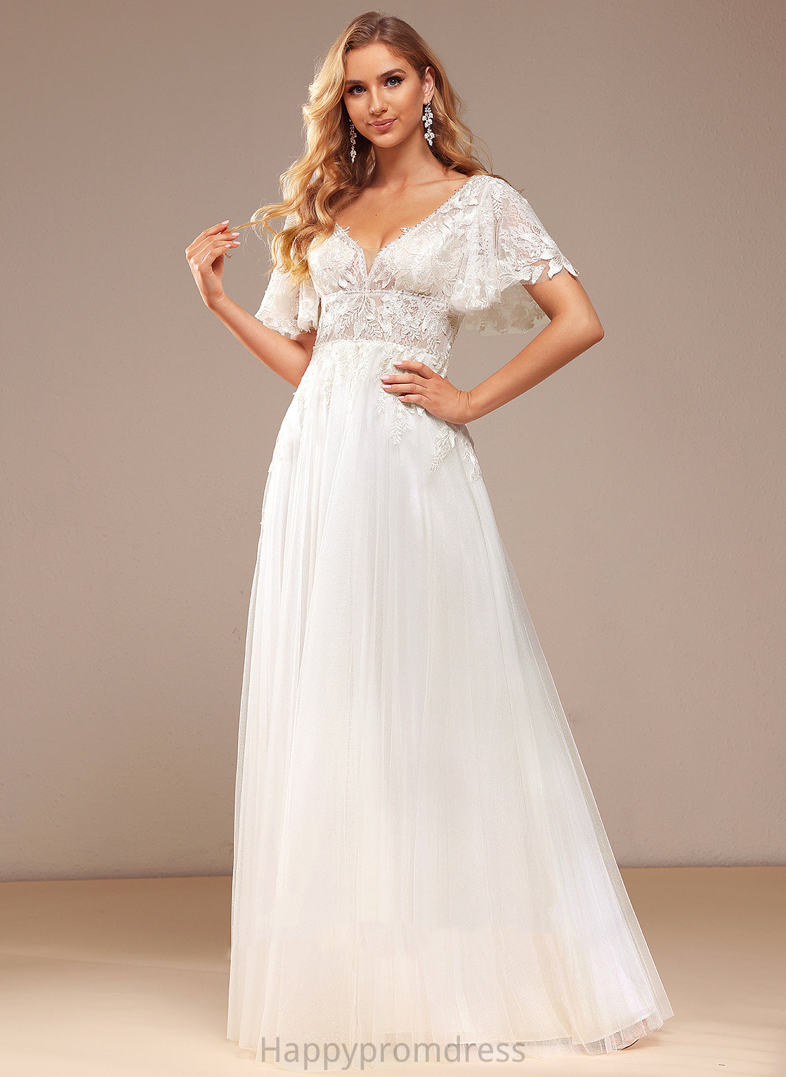 With Lace Tulle Lace Karma Floor-Length Wedding A-Line Sequins Wedding Dresses Beading Dress V-neck