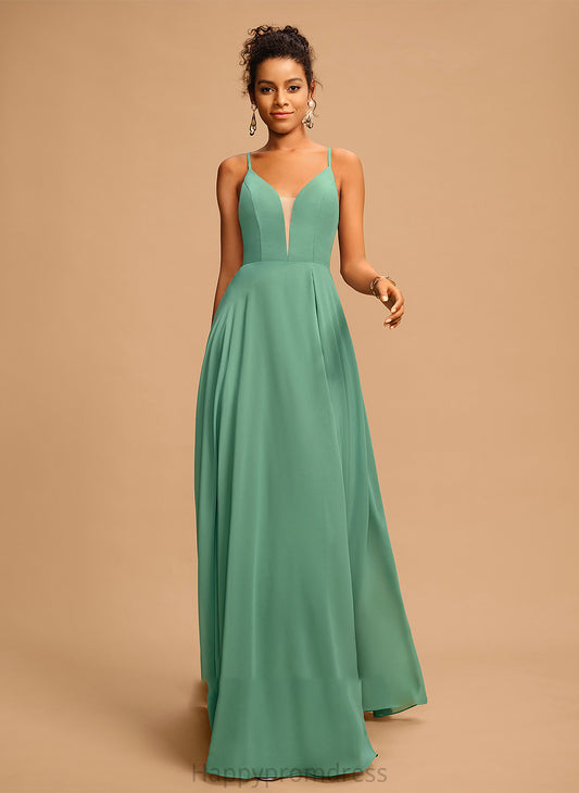 V-neck A-Line Yesenia Chiffon Prom Dresses Floor-Length