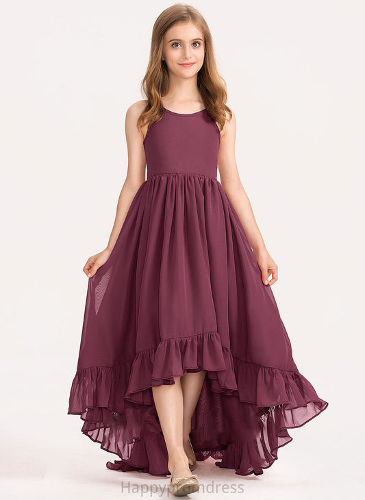 Bow(s) Junior Bridesmaid Dresses Asymmetrical Neck Pancy Ruffles Scoop Cascading With A-Line Chiffon