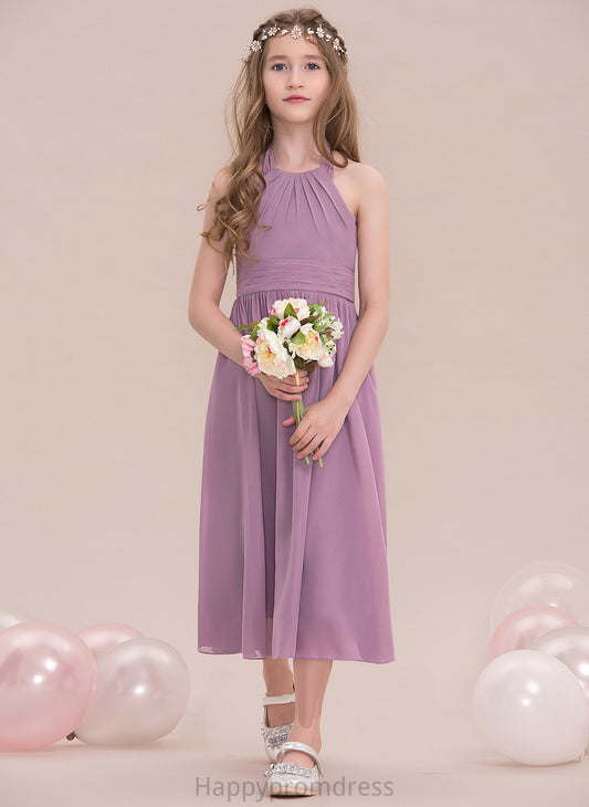 A-Line Halter Ruffle Junior Bridesmaid Dresses Chiffon Tea-Length With Jamie