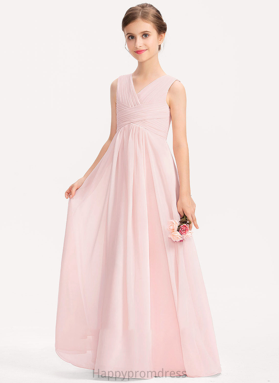 Kali Chiffon A-Line Floor-Length With Ruffle Junior Bridesmaid Dresses V-neck