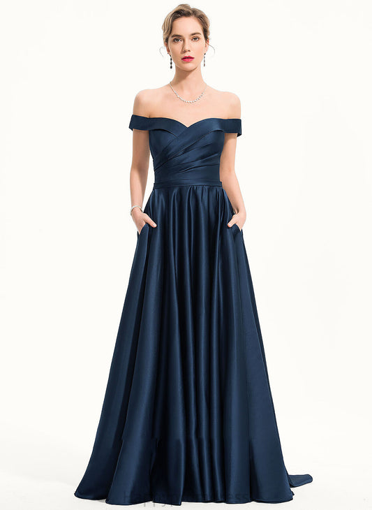 A-Line Kierra Satin Off-the-Shoulder Sweep Prom Dresses With Pockets Train