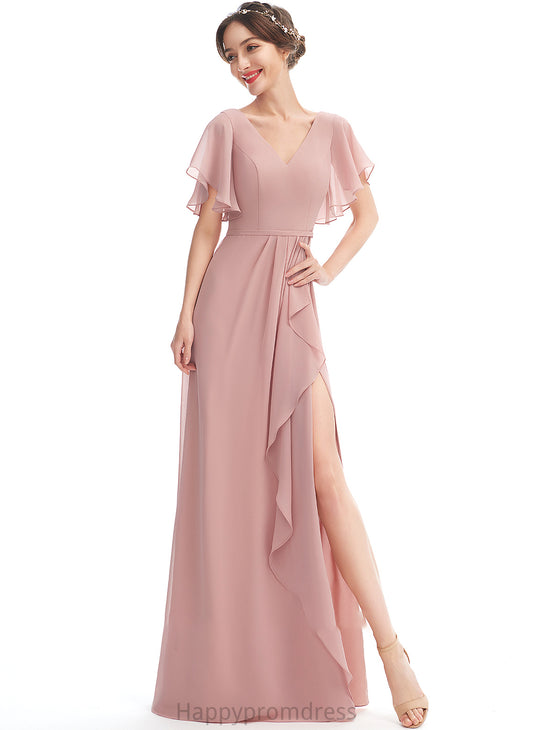 V-neck Embellishment Floor-Length Fabric Silhouette Neckline Length A-Line SplitFront Ruffle Annalise Natural Waist Bridesmaid Dresses