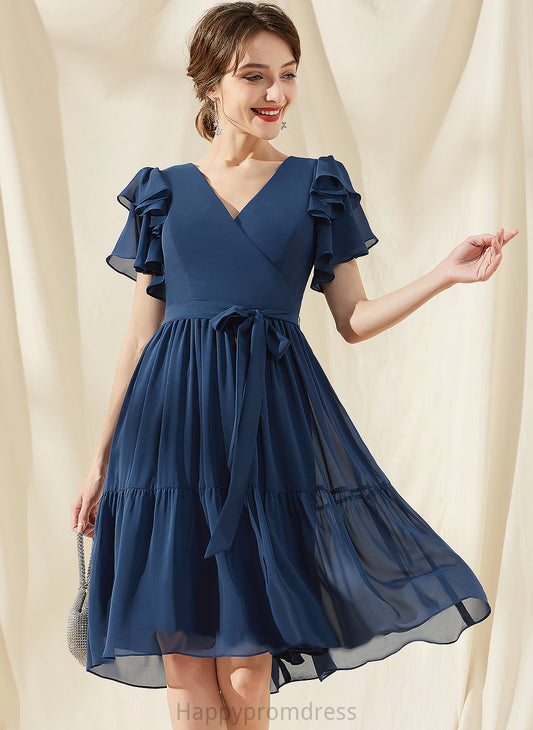 Neckline Fabric A-Line Knee-Length Silhouette Embellishment Length CascadingRuffles V-neck Bow(s) Susan Natural Waist Bridesmaid Dresses