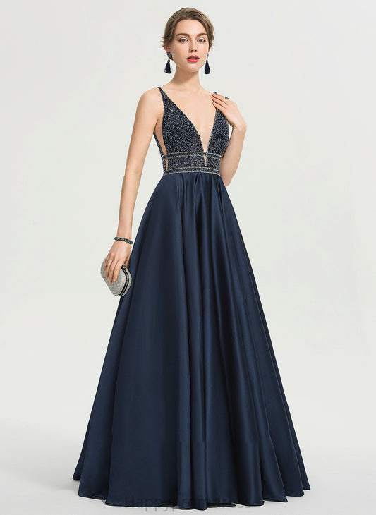 Sequins Satin Floor-Length Beading Prom Dresses With V-neck Sal Ball-Gown/Princess