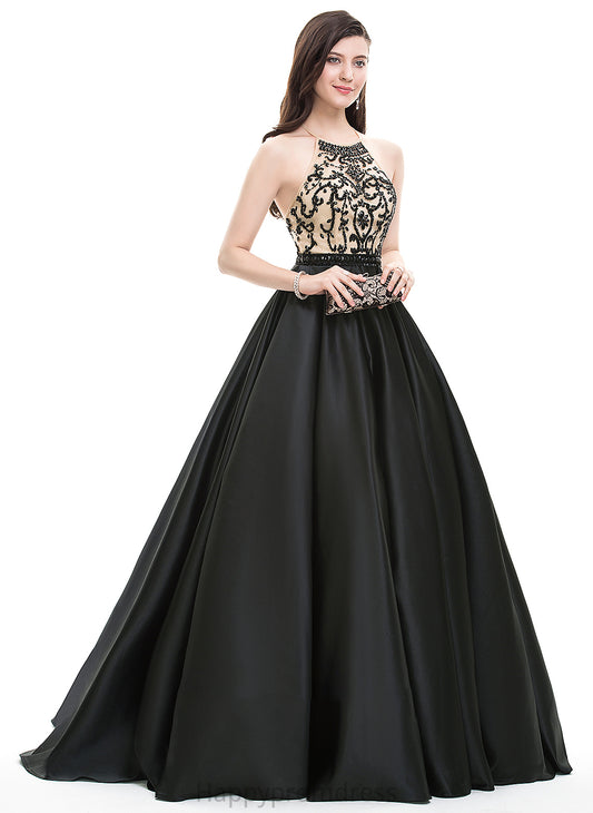 With Ball-Gown/Princess Beading Prom Dresses Neck Sweep Satin Sequins Litzy Train Scoop