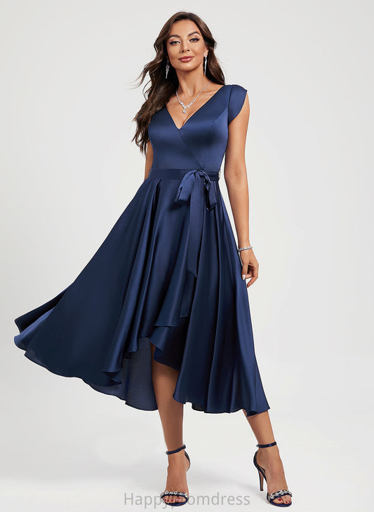 Dress Sash Cocktail Dresses Asymmetrical Kayley Polyester Cocktail V-neck A-Line With