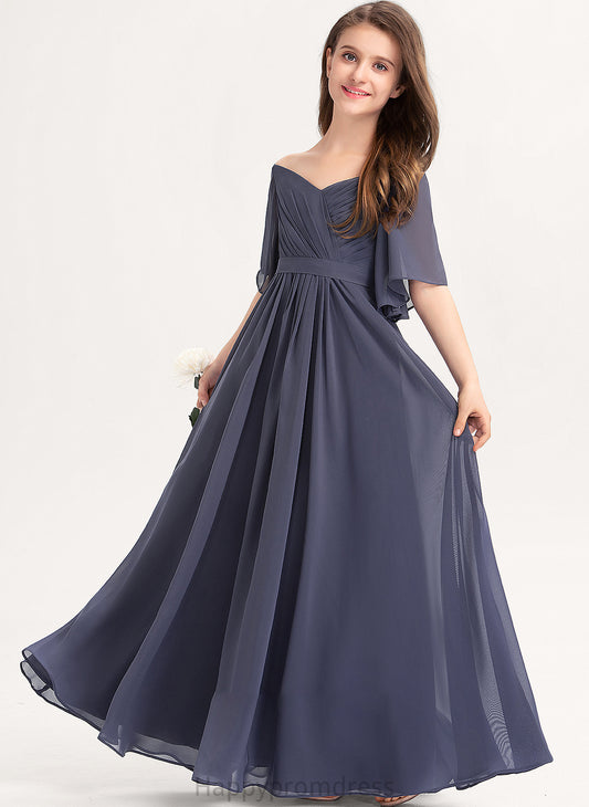 Kiersten With Floor-Length Junior Bridesmaid Dresses Bow(s) Ruffle Off-the-Shoulder A-Line Chiffon