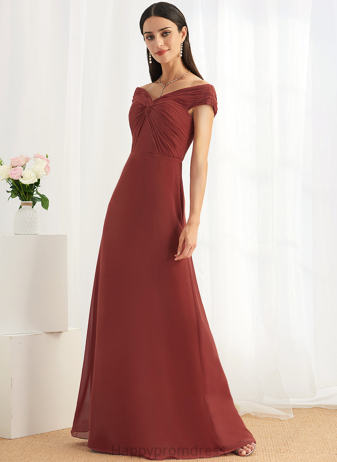 Floor-Length Silhouette Off-the-Shoulder Neckline Fabric Embellishment Ruffle Sheath/Column Length Stacy Scoop Natural Waist Bridesmaid Dresses