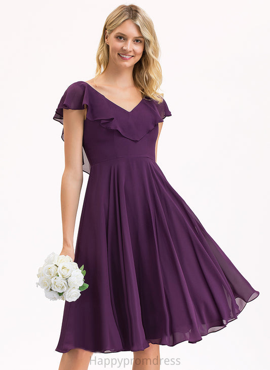 Chiffon With A-Line Mariah Ruffles Cocktail Cascading Knee-Length V-neck Dress Cocktail Dresses