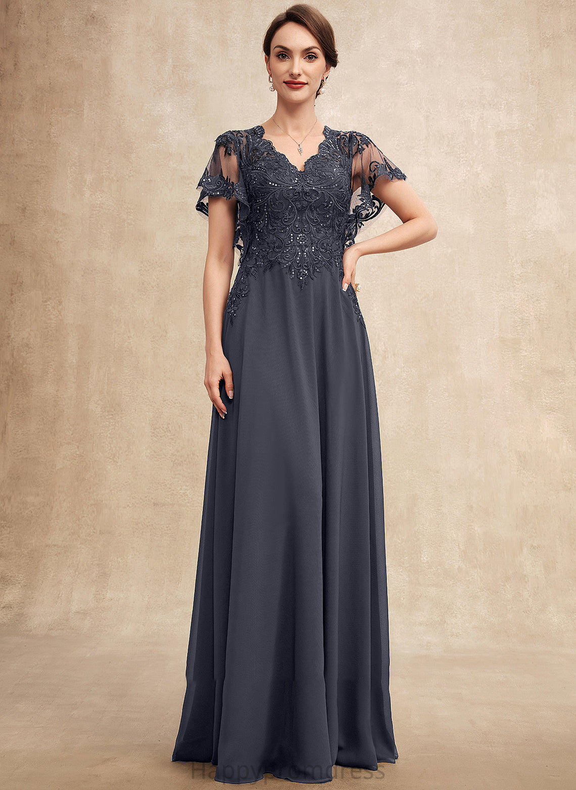 Mother A-Line Chiffon Lace Natasha Dress of Sequins V-neck Bride the With Floor-Length Mother of the Bride Dresses