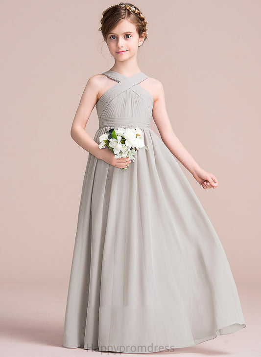 Chiffon April A-Line V-neck Floor-Length Ruffle Junior Bridesmaid Dresses With Bow(s)