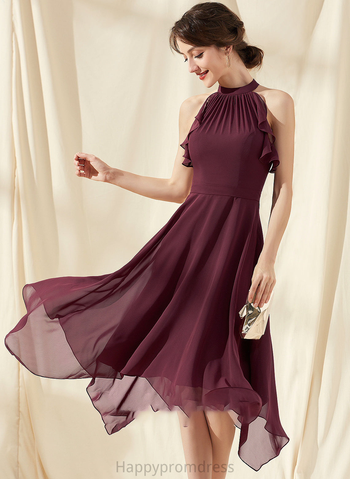 Length Neckline Fabric Tea-Length ScoopNeck CascadingRuffles Embellishment A-Line Silhouette Clare Short Sleeves A-Line/Princess Bridesmaid Dresses