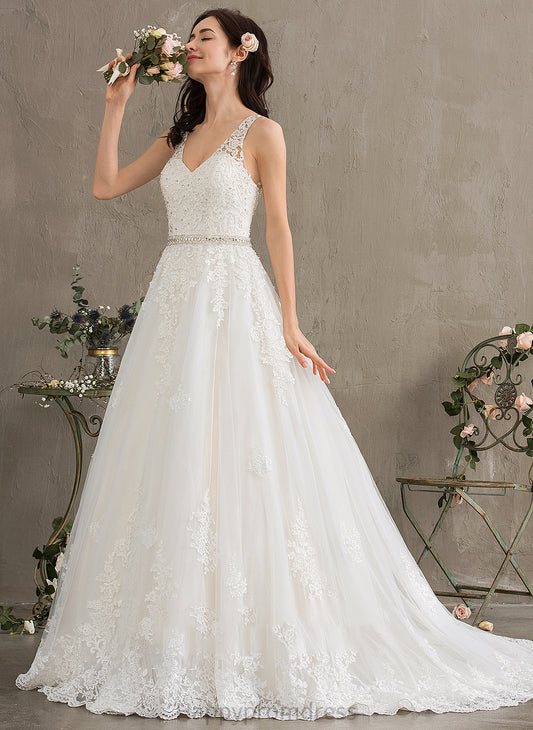 Train Ball-Gown/Princess Wedding Wedding Dresses V-neck With Sequins Court Dress Beading Tulle Ashlynn