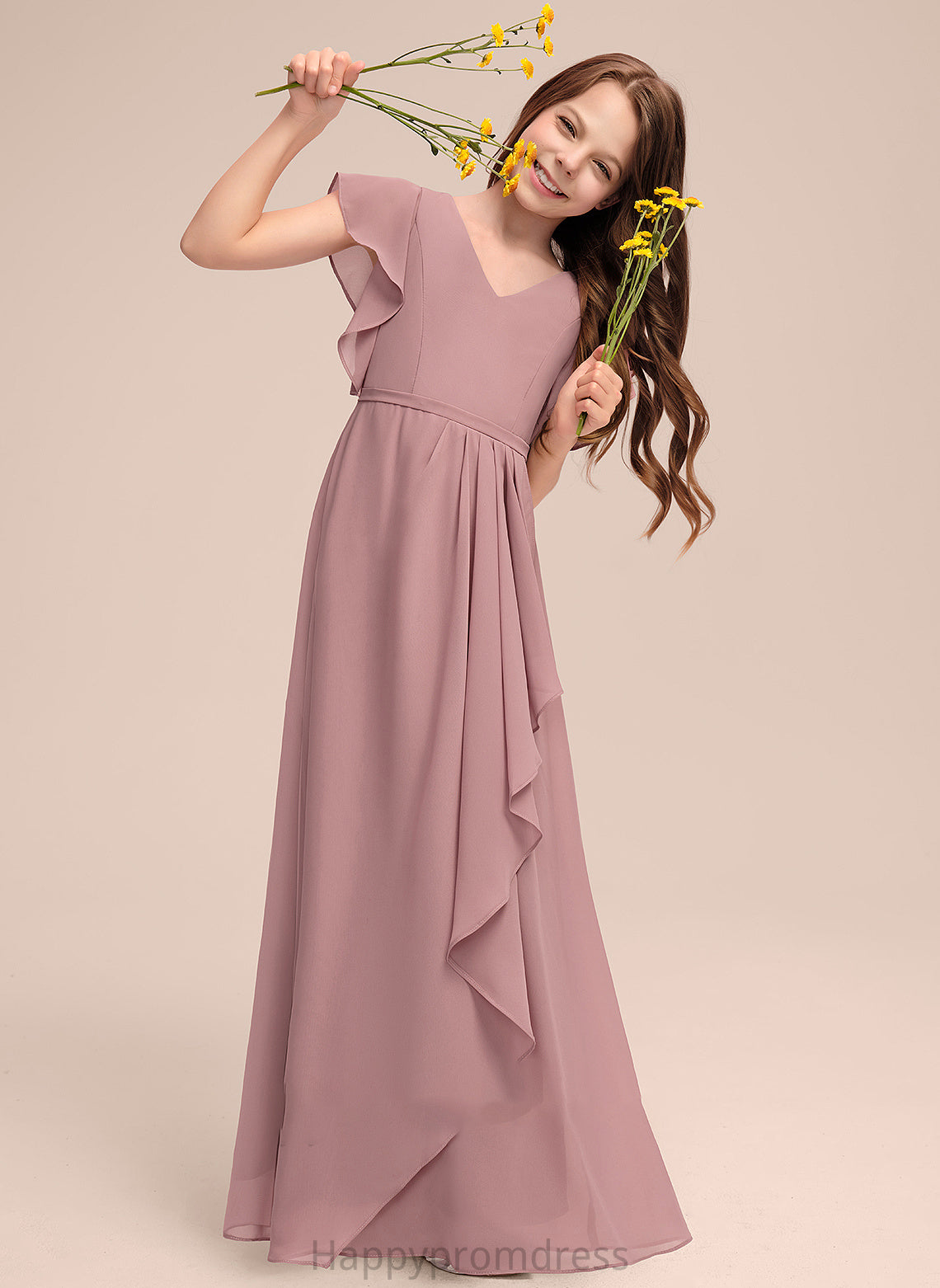 V-neck Liz With Junior Bridesmaid Dresses Chiffon Cascading Floor-Length Ruffles A-Line