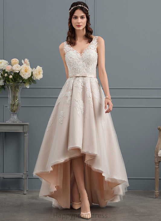 Henrietta Wedding Wedding Dresses Bow(s) Dress Tulle V-neck Asymmetrical A-Line Lace With