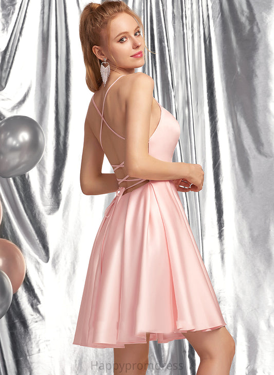 Satin Homecoming Dresses Short/Mini Kaitlynn Homecoming Neckline Dress A-Line Square