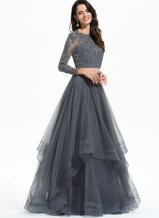 Neck Ball-Gown/Princess Beading Scoop Prom Dresses Reese Floor-Length Sequins Tulle With