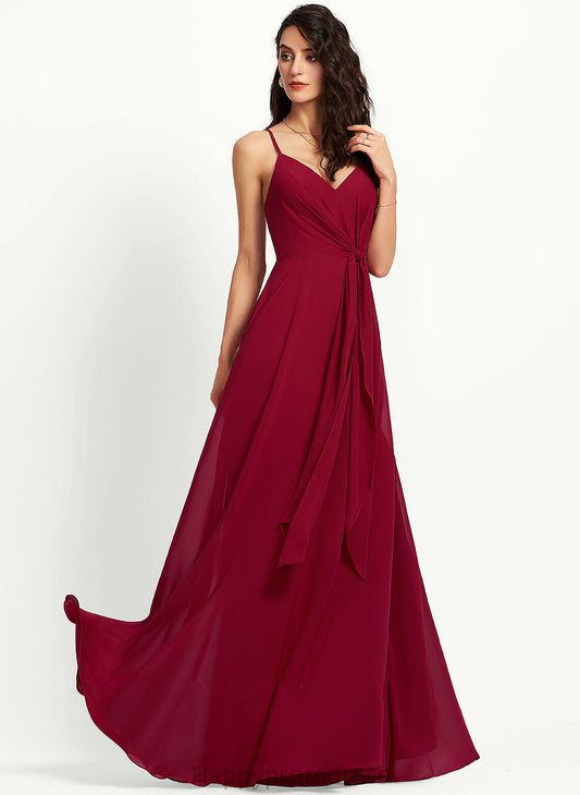 V-neck Ruffle A-Line Floor-Length Fabric Length Silhouette Embellishment Neckline Paola Spaghetti Staps A-Line/Princess Bridesmaid Dresses