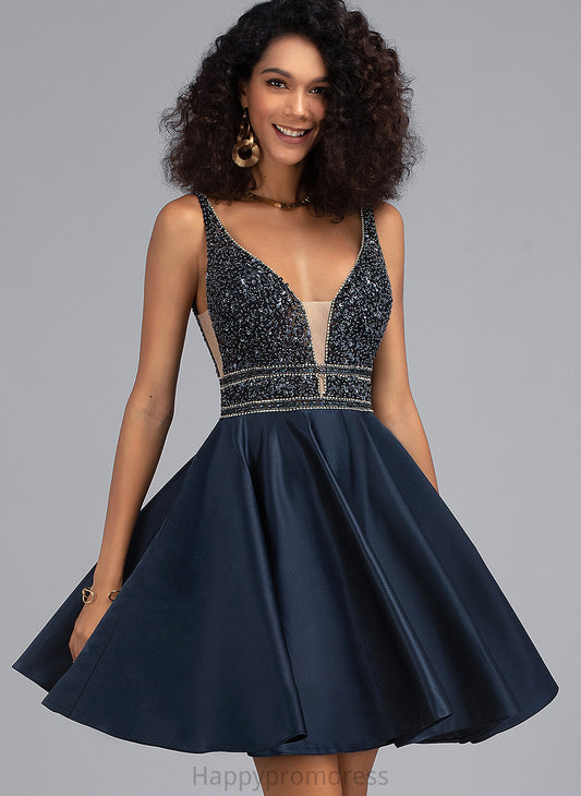 Beading V-neck Short/Mini Jamie Sequins Satin Prom Dresses A-Line With