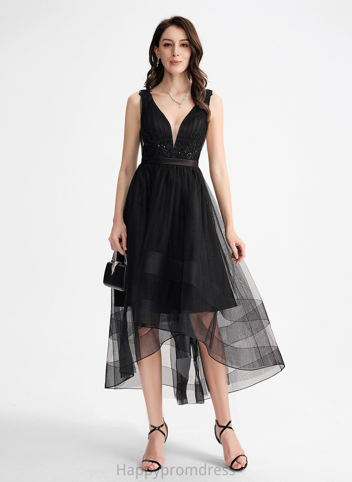 Cocktail Dresses Dress Sequins Asymmetrical Cocktail With V-neck Tulle Lace A-Line Irene