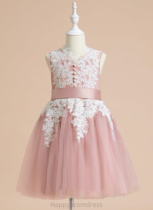 Virginia - With Knee-length V-neck Bow(s) Sleeveless A-Line Flower Girl Dresses Dress Flower Girl Tulle/Lace