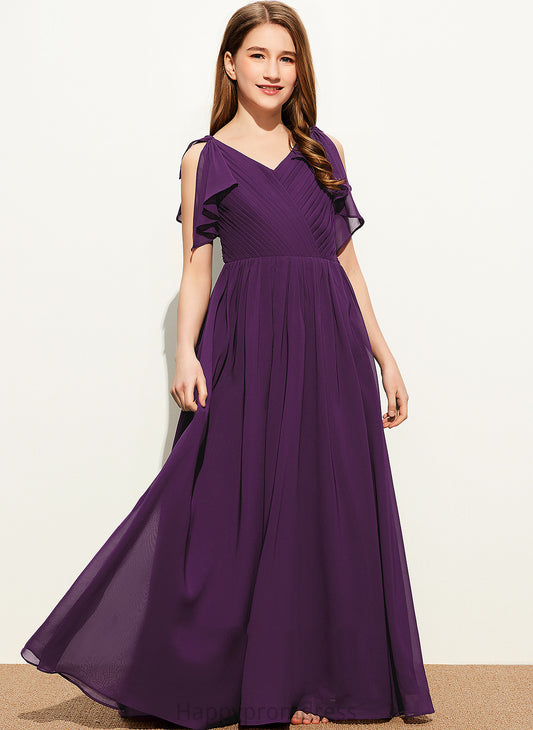 Ruffles With Floor-Length V-neck Junior Bridesmaid Dresses Cascading Chiffon Desiree A-Line Bow(s)