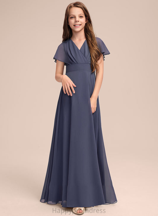 Bow(s) With Floor-Length V-neck A-Line Junior Bridesmaid Dresses Camryn Chiffon Ruffle