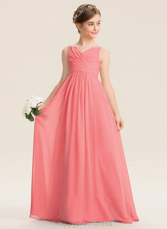 Junior Bridesmaid Dresses EmpireV-neckFloor-LengthChiffonJuniorBridesmaidDressWithRuffleBeadingSequins#173291 Lila