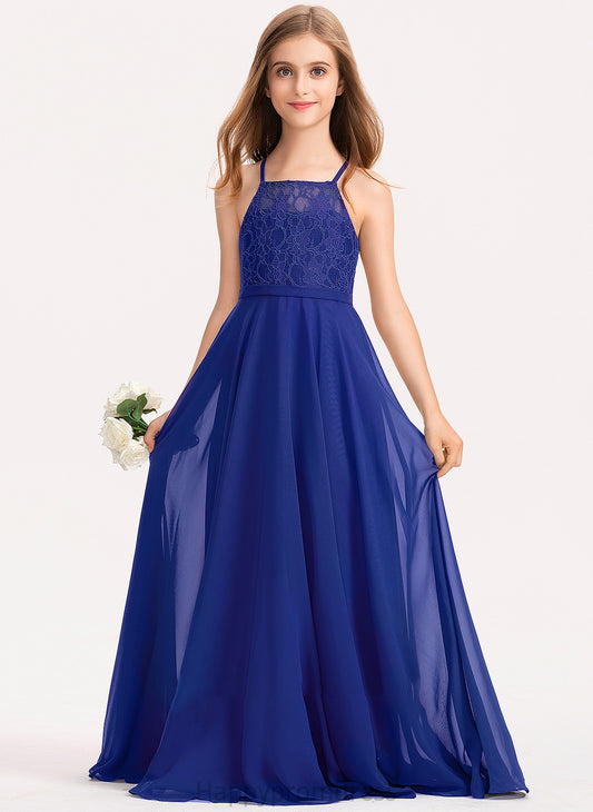 A-Line Lace Neckline Bryanna Chiffon Floor-Length Junior Bridesmaid Dresses Square