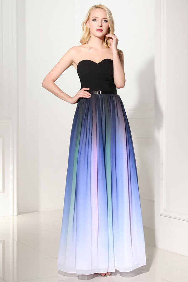 Ombre A Line Floor Length Sweetheart Strapless Sleeveless Prom Dresses