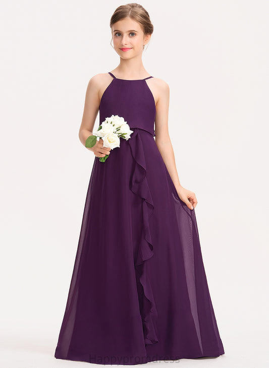 Neck Scoop A-Line Shaniya Bow(s) With Floor-Length Junior Bridesmaid Dresses Cascading Chiffon Ruffles