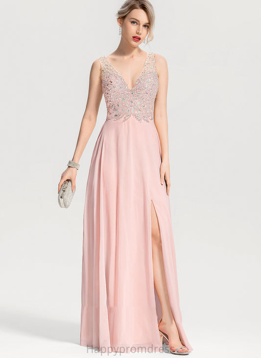 Sequins Beading Chiffon Split Front Prom Dresses Ina V-neck With A-Line Floor-Length