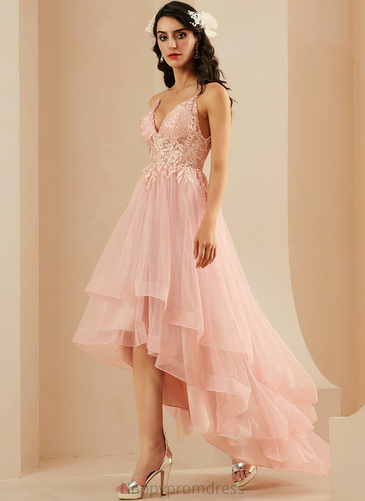 Ball-Gown/Princess Tulle Lace Harley Prom Dresses With Asymmetrical V-neck