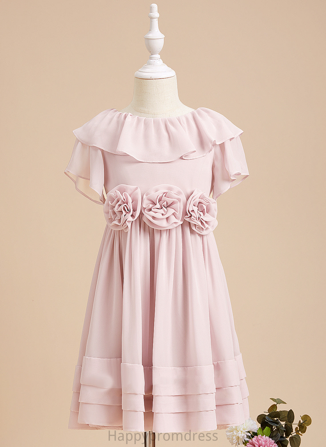 Neck Back With A-Line Scoop Dress Girl Ruffles/Flower(s)/V Knee-length Flower Flower Girl Dresses Sleeves - Kierra Chiffon Short