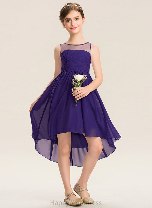 Chiffon A-Line Asymmetrical Scoop Junior Bridesmaid Dresses Ruffle Whitney With Neck