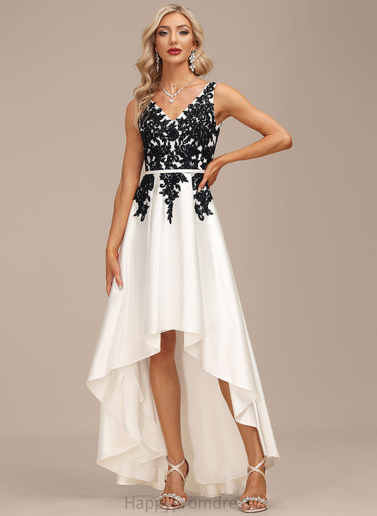 Lace A-Line Cocktail Dresses V-neck Dress Asymmetrical Cocktail Trudie Satin