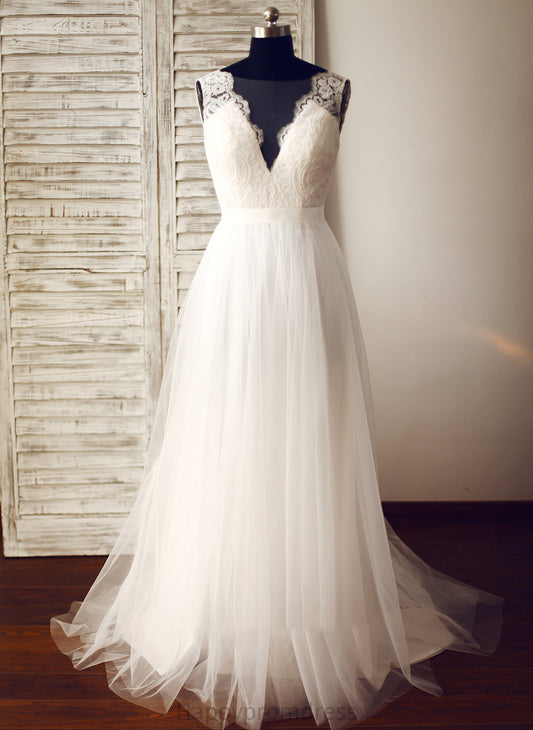 Wedding Dresses A-Line Dress Delilah Sweep Train V-neck Tulle Wedding