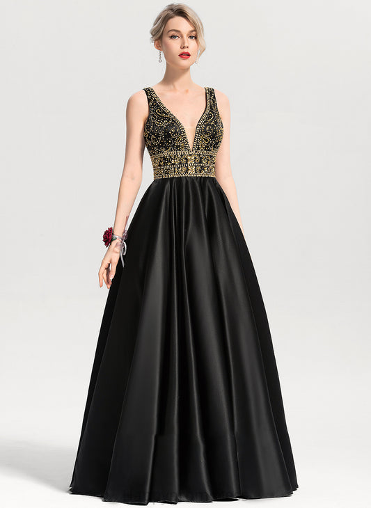 Floor-Length V-neck With Ball-Gown/Princess Satin Beading Sequins Shaniya Prom Dresses