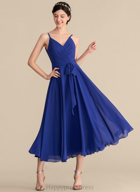 Neckline Ruffle Length A-Line Embellishment Tea-Length Bow(s) V-neck Fabric Silhouette Raquel Natural Waist Bridesmaid Dresses