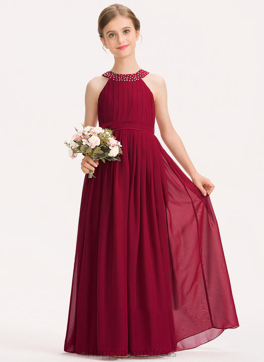 With A-Line Ruffle Floor-Length Bow(s) Neck Miya Beading Scoop Junior Bridesmaid Dresses Chiffon