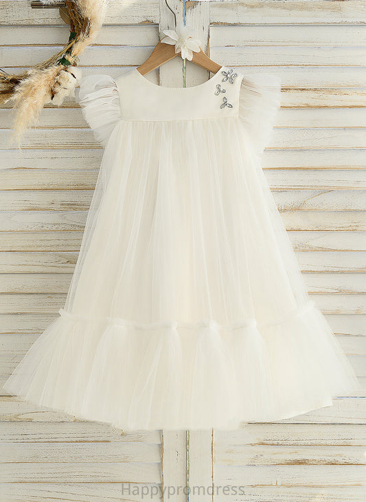 With Melanie Flower - A-Line Ruffles Flower Girl Dresses Knee-length Sleeveless Scoop Satin/Tulle Neck Dress Girl