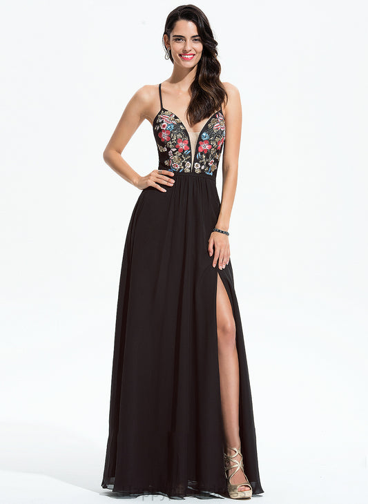 With Thalia A-Line Lace Floor-Length Prom Dresses V-neck Chiffon Sequins