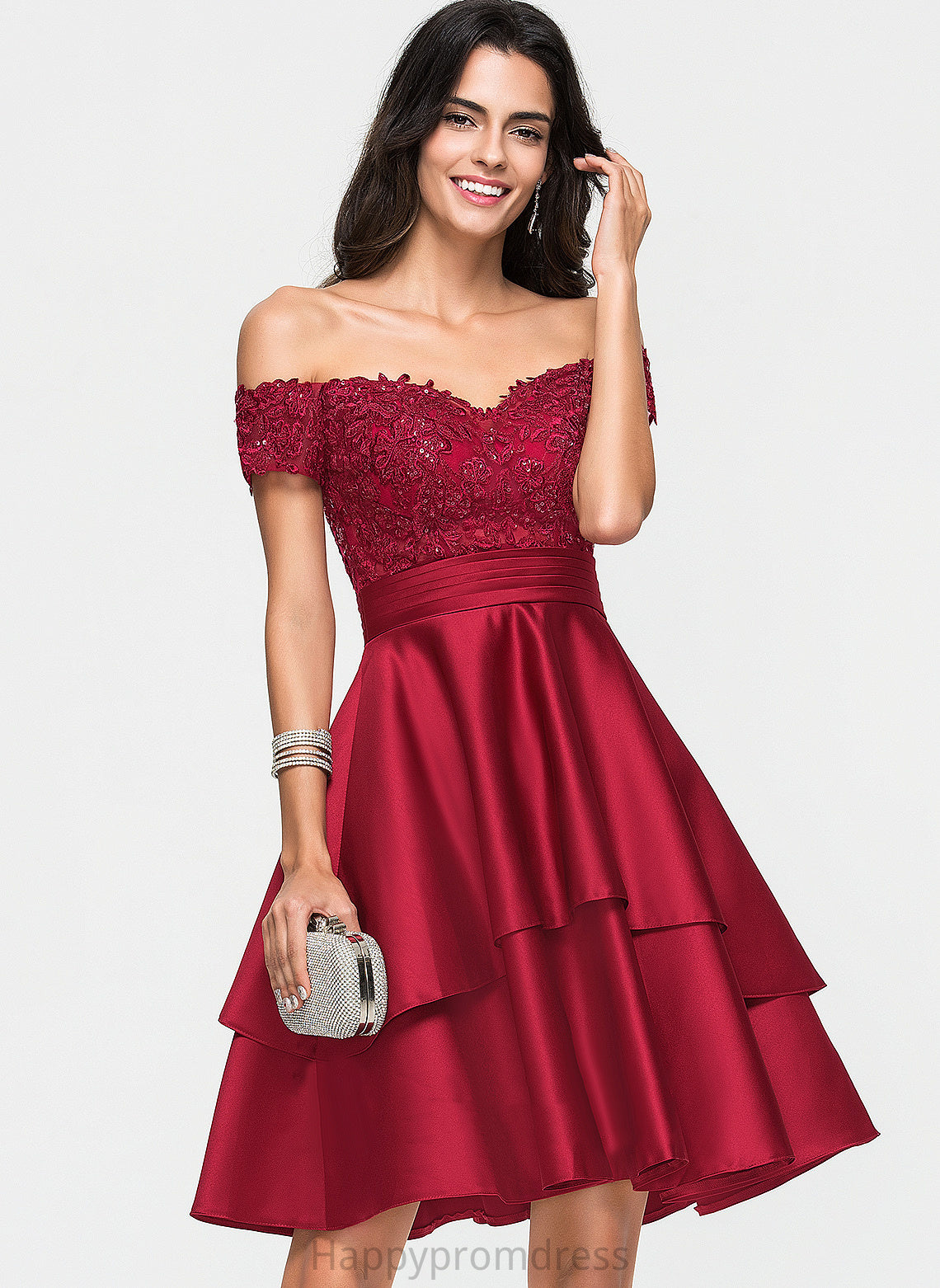 Allison Sequins Satin Knee-Length Off-the-Shoulder Lace Homecoming Dresses With Dress Homecoming A-Line