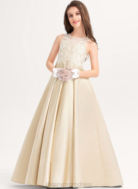 Satin Scoop Lace Junior Bridesmaid Dresses Floor-Length Neck Ellen Ball-Gown/Princess