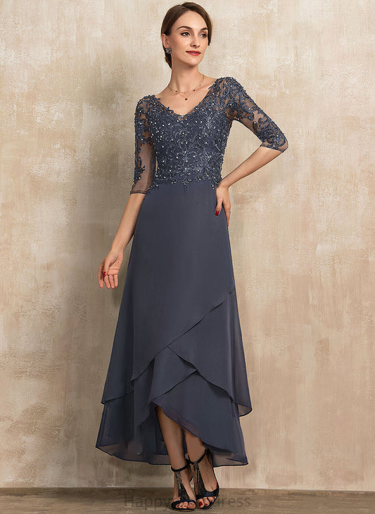 V-neck Tiana Beading Bride Mother of the Bride Dresses Lace A-Line of Dress Asymmetrical the Mother Chiffon With Sequins