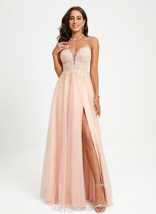 Beading With Sequins Ball-Gown/Princess Lace Prom Dresses Ariella Floor-Length Tulle V-neck