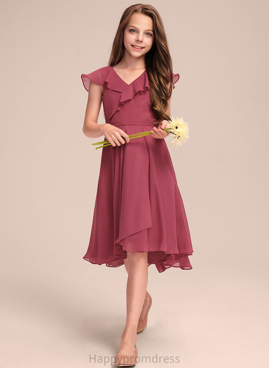 A-Line Chiffon Asymmetrical Cascading Ruffles Teresa Junior Bridesmaid Dresses With V-neck